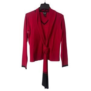 Ladies Rafaella Sweater Womens Size Medium Red V-Neck Attached Scarf Black Trim